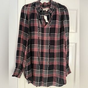 NWT Loft Pink Black Metal Metallic Paid Long Sleeve Tie Front Blouse SZ M